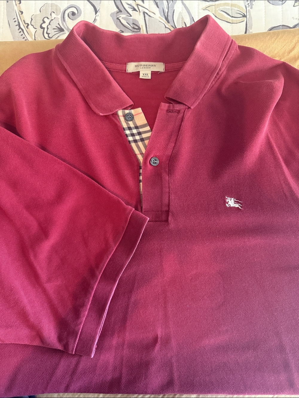 Burberry Men’s Burgundy Polo with Signature Check Placket